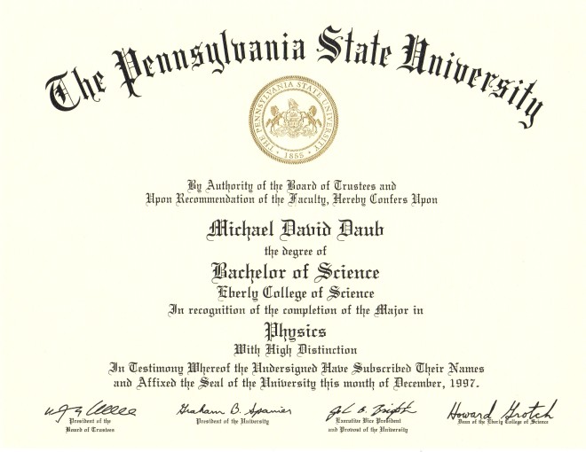 Bachelor of Science in Physics - Pennsylvania State University