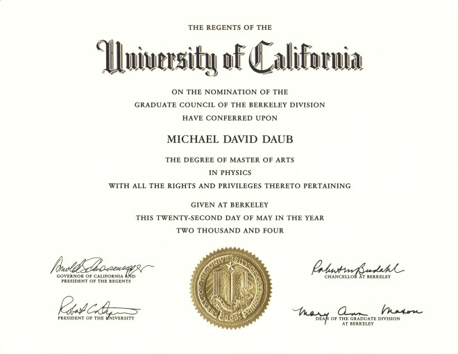 Master of Arts in Physics - University of California